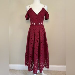 TOPSHOP Maroon Floral Lace Midi Dress